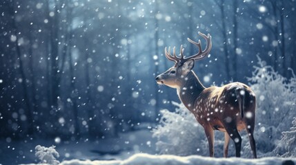  a deer standing in the middle of a snow covered forest with lots of snow on the ground and trees in the background.