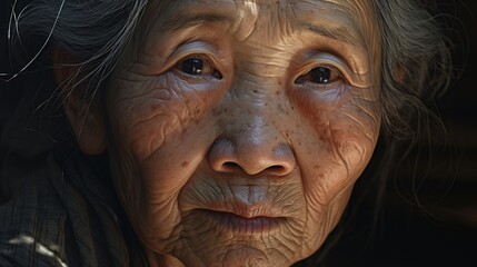 An asian old woman looking at the viewer