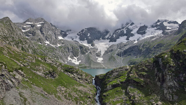 An aerial and distant shot of Katora Lake, a popular tourist destination in Pakistan. 