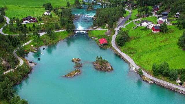 Aerial view above the fjord and lake of Lovatnet near Loen Norway