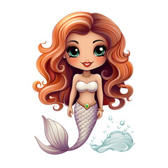 Cute cartoon little mermaid princess, cheerful little girl, white background