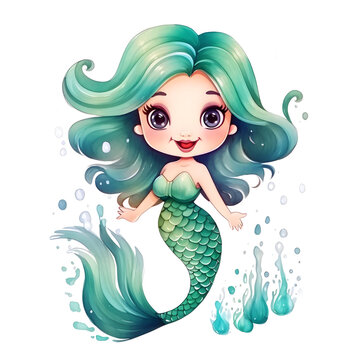 Cute cartoon little mermaid princess, cheerful little girl, white background
