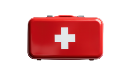 Top view red first aid kit. Isolated on Transparent background.