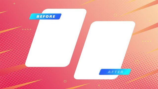 Two white windows with before and after captions on an orange animated background with circles. Vector animation in 4K resolution
