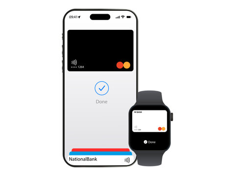 The Apple Pay system on the screen of a modern iPhone and watch contactless payment with a smartphone and watch eps10