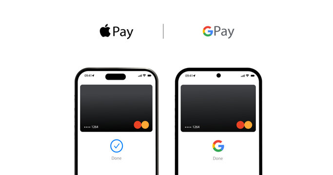 Google Pay and Apple Pay system on the screen of modern Samsung and Iphone contactless payment by smartphone eps10