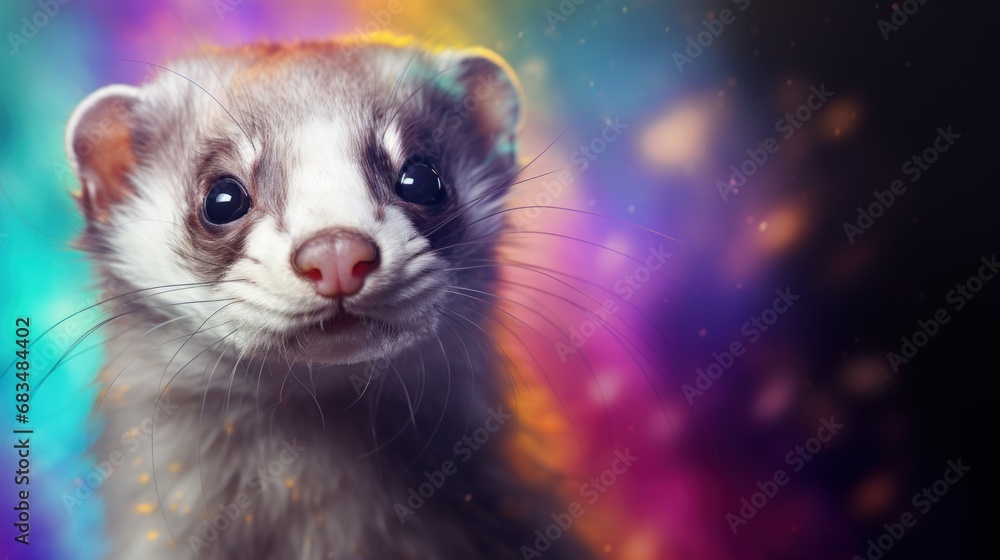 Poster a close up of a ferret's face with a multicolored background and stars in the background.