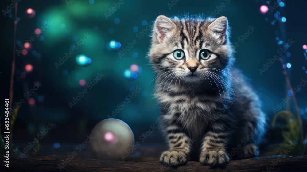Poster a small kitten sitting on top of a wooden floor next to a ball of string and a string of lights.