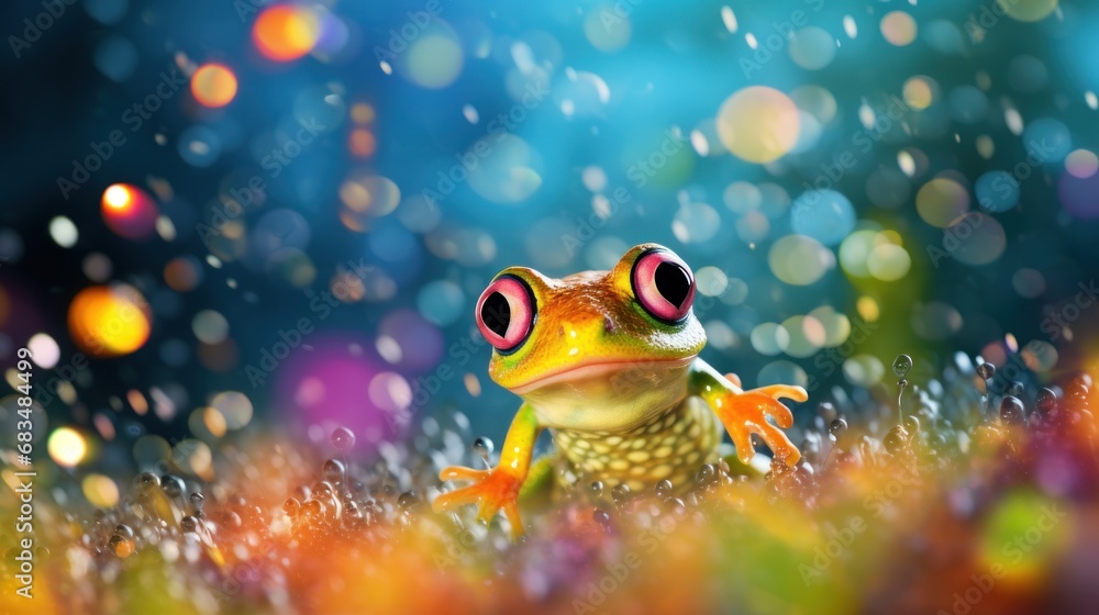 Poster a close up of a frog on a field of grass with drops of water on the ground and trees in the backgrou
