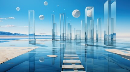  a painting of a body of water surrounded by tall buildings and floating balls in the air with mountains in the background.
