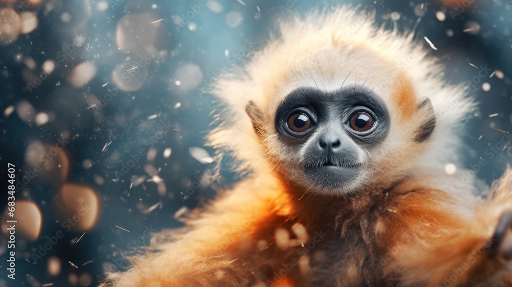 Poster a close up of a monkey with a blurry background and a blurry image of the monkey's face.