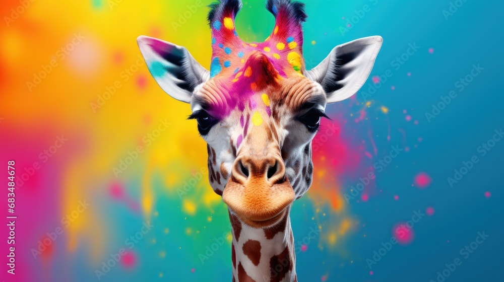 Poster a close up of a giraffe's face in front of a multicolored background of paint.