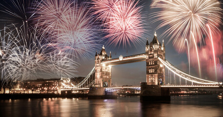 fireworks over Tower bridge New Year in London - obrazy, fototapety, plakaty
