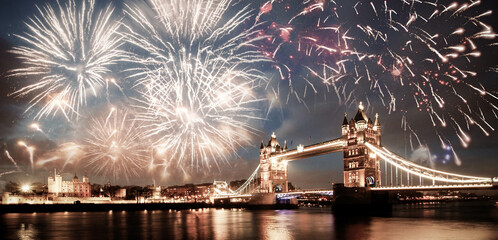 fireworks over Tower bridge New Year in London