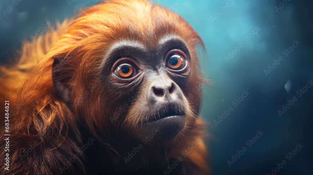Poster a close up of a monkey's face with an intense look on it's face and a blurry background.
