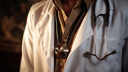  a close up of a doctor's coat with a stethoscope hanging from it's chest. - obrazy, fototapety, plakaty