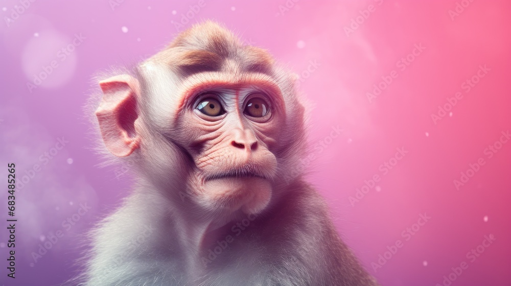 Poster a close up of a monkey's face with a pink background and a blurry image of snowflakes.