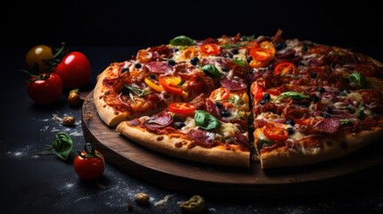  a pizza sitting on top of a wooden cutting board next to a pepperoni and pepperoni pizza on top of a wooden cutting board.