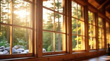 Closeup of the large windows in the cabin, allowing natural light to flood in and provide stunning views of the surrounding nature.