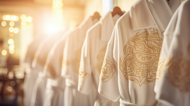 Closeup of a customdesigned bathrobe, featuring intricate embroidery of the guests initials or a personalized logo.