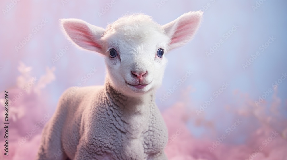 Poster a close up of a sheep in a field of pink flowers with a blue sky and clouds in the background.