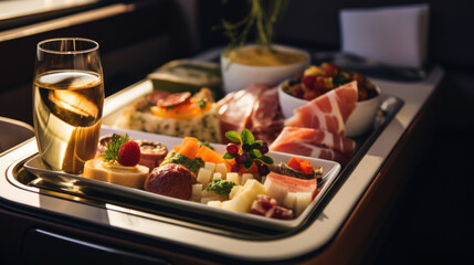 Closeup of a goldplated tray holding a selection of gourmet hors doeuvres, highlighting the highend dining experience in the lounge car.
