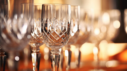 Closeup of a set of crystal stemware, showing the unique characteristics of each piece and how they all fit together to form a cohesive collection.