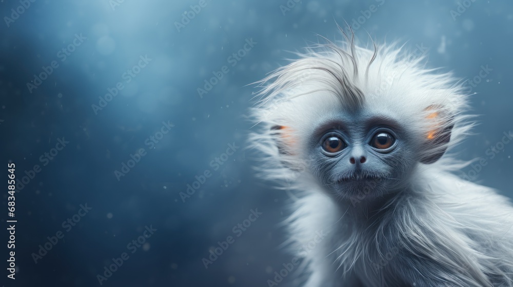 Poster a close up of a monkey with a blurry background and a blurry image of it's face.