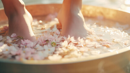 Closeup of a pampered foot dipping into a tub filled with warm water and an array of Exquisite Bath...