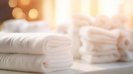Closeup of neatly folded spa towels, with their intricate weaves and pristine white color adding to the serene and lavish atmosphere of a spa.