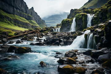 vibrant wild and pristine beauty of Norwegian waterfalls, showcasing their thundering waters, rocky...