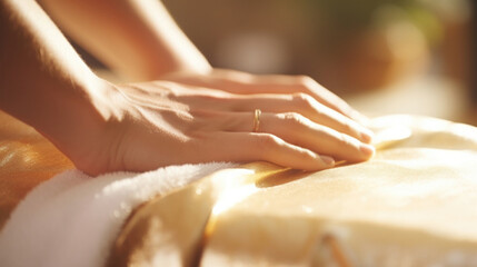 Obraz na płótnie Canvas Closeup of a spa towel being gently patted onto a clients skin, the soft pressure and gentle touch exuding a sense of luxurious pampering.