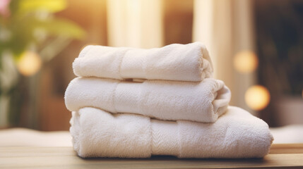 Closeup of a stack of freshly washed spa towels, still warm and smelling of clean linen, inviting guests to wrap themselves in its softness.
