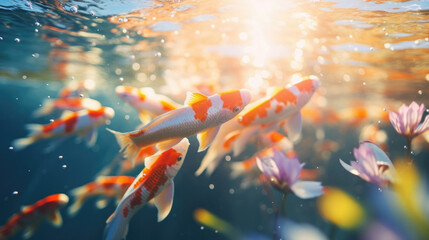 Closeup of the delicate fins and tails of koi fish as they gracefully glide through the water, creating a peaceful and harmonious scene.