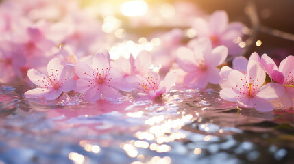 Closeup of delicate cherry blossom petals floating on the surface of a tranquil Japanese garden stream.