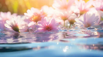 Closeup of the subtle colors and shades of the flowers and water blending harmoniously, highlighting the balance and harmony of the arrangement.