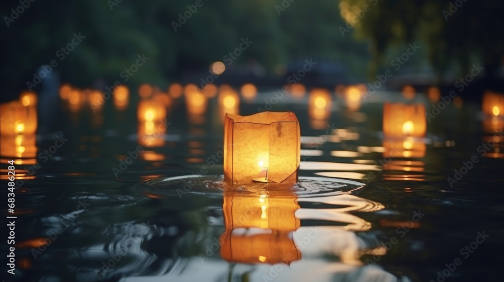 Poster Closeup of the lanterns slowly drifting away, their soft light fading into the distance as they float down the river.