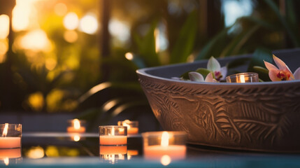 Closeup of a luxurious outdoor bathtub surrounded by candles, adding a touch of relaxation and indulgence to the poolside retreat.