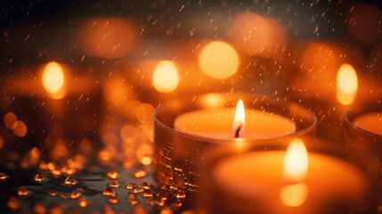 Closeup of a small of candles, their flames dancing in the rain as they cling to each other for warmth and protection.