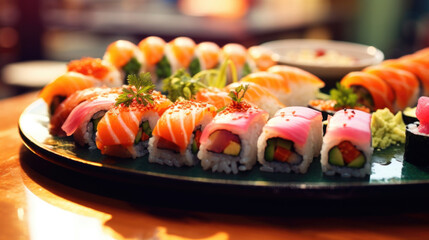 Closeup of a chilled plate of sushi, showcasing the beautiful display of vibrant colors and intricate rolls.