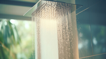 Closeup of a builtin shower with rainfall showerhead, creating a spalike experience. - obrazy, fototapety, plakaty