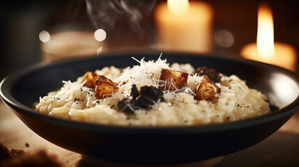 Closeup of a steaming bowl of creamy risotto, topped with shaved truffles and freshly grated Parmesan cheese. - obrazy, fototapety, plakaty
