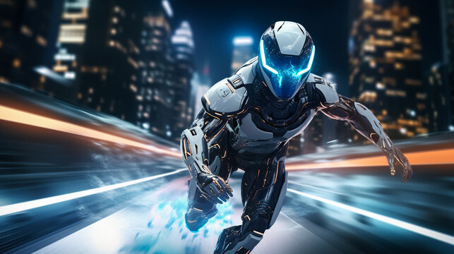 Futuristic android robot with glowing blue eyes, running on the road, night city lights