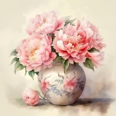Bouquet of pink peonies in a ceramic vase on a table on light background, still life, watercolor painting