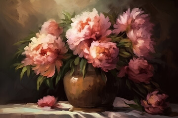 Obraz premium Bouquet of pink peonies in a ceramic vase on a table on dark background, still life, watercolor painting