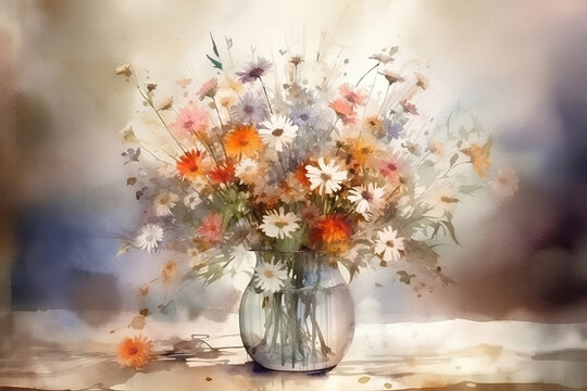 Bouquet of summer flowers in a glass vase on a table on blurred background, still life, watercolor painting