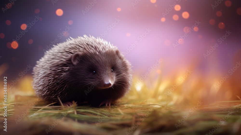 Poster a close up of a hedgehog in a field of grass with a blurry background of red and yellow lights.