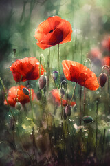 Fototapeta premium Red poppy flowers closeup on the summer meadow, watercolor painting.