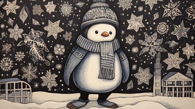  a painting of a snowman wearing a knitted hat, scarf, and mittens standing in the snow.