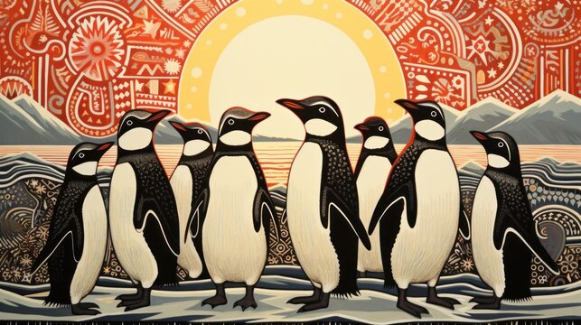  a group of penguins standing next to each other in front of a painting of a sun and a body of water.